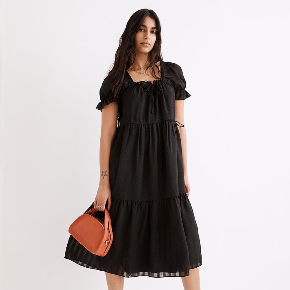 Square-Neck Tiered Midi Dress in Textured Seersucker
